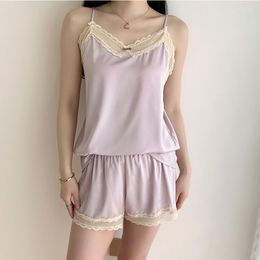 Women's Sleepwear V-Neck Sexy Summer Pajamas Suit Sling Top&Shorts Lace Sweet Intimate Home Clothes Rayon Lingerie Nightwear