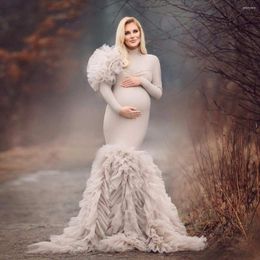 Casual Dresses Unique High Neck Full Sleeves Tulle Maternity To Pography Lush Ruffles Flowers Pregnanty Women Gowns Floor Length