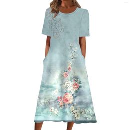 Casual Dresses Women's Summer Print Round Neck Short Sleeve Swing Dress With Pockets Maternity Midi For Women Elegant