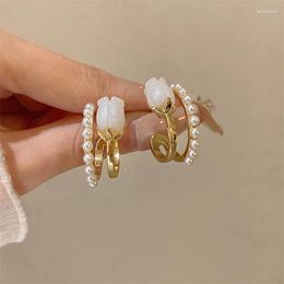 Hoop Earrings Vintage Resin White Pearl Rose Flower For Women Girl Party Travel Jewelry Gifts Korea Design Stud
