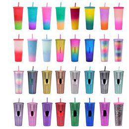 YUEXUAN 24 oz Diamond Studded Tumbler with Straw and Leak Proof Lid Reusable Iced Coffee Cup Plastic Coffee Mug Bright Durian Cups Gift 100% BPA-Free 17 Colours