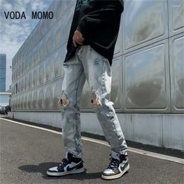 Men's Jeans Slim-fit Denim Pants Trousers Nostalgic Torn Brand Ripped Fashion Straight Men Hip Hop Beggars Male Hole Light Blue