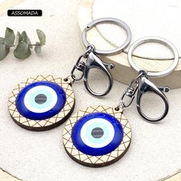 Keychains ASSOMADA Wood Lucky Evil Eye For Girl Women Men Bag Car Handmade Turkish Blue Eyes Key Chain Pendant Decoration Gift