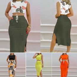 Casual Dresses Two Piece Set Women Skirt Summer 2023 Sexy Outfit Cropped Top T-shirt Tops And Dress Split Chic Elegant Female Clothing