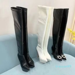 Leather over-the-knee boots crystal-embellished pointed-toe tall boot stretch spool heels Thigh-High Booties for women luxury designer shoes factory