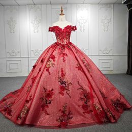 Red Shiny Quinceanera Dresses Sexy Sweetheart Neck Ball Gown Puffy Sweet 16 Dresses Applique Beads Flower Train Elegant Prom Dress