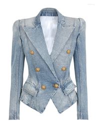 Women's Suits HIGH QUALITY Denim Jacket Blazer Women Designer Slim Double Breasted Lion Button Suit Outfits 2023