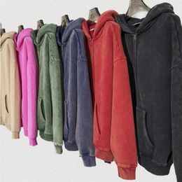 Men's Hoodies Retro Oversize Full-Zipper Fleece For Men Hip Hop Thick Raglan Coat Autumn Winter Streetwear