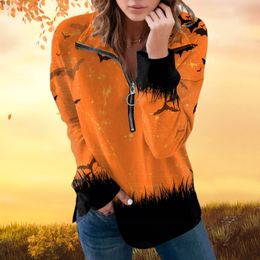 Women's Hoodies Sweatshirts Halloween Sweatshirt For Women Orange Fashion Casual Zipper Lapel Long Sleeves Polo Blouse Harajuku Streetwear Female Top 230822