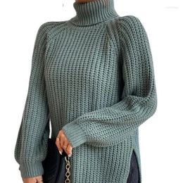 Women's Sweaters LuckBN Autumn Winter 2023 Knitwear Medium Long Raglan Sleeve High Lapel Split Pullover Solid Colour Sweater Women
