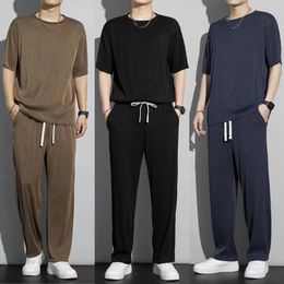 Men s Tracksuits 2023 summer fashion loose large size ice silk suit classic crewneck casual solid Colour high quality two piece set M 5XL 230822