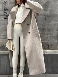 Women's Wool Blends Women Double Breasted Woollen Coat Lapel Collar Long Sleeves Solid Long Wool Coats Autumn Winter Warm Fashion Lady Loose Overcoat 230821
