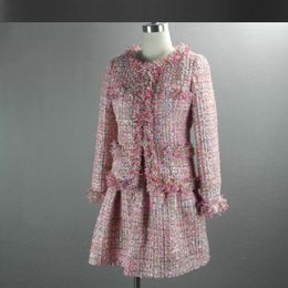 Two Piece Dress Pink sequined tweed jacket skirt suit autumn / winter women's jacket ladies coat tutu skirts suit 2 piece set 230822
