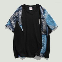 Men's T Shirts Vintage Ethnic Style Men Harajuku Pattern Print Patchwork Tees Summer Hip Hop Cotton Casual Loose O-Neck T-shirt Unisex