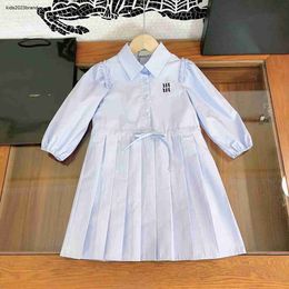 designer girl lapel dress baby clothes Lace up waist design Kids frock Size 90-150 CM fashion Shirt design Child Pleated skirt Aug11