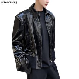 Men's Trench Coats Rib Bottom Men Patent Faux Leather Jacket Turn Down Collar Spring Autumn Mens Zip Up Loose PU Coat Black 230822