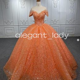 Оранжевая чистая шея принцесса Quinceanera платья с коротким рукавом Gillter Seedter