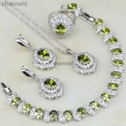 Dangle Chandelier 925 Silver Jewellery Sets For Women Anniversary Accessories Olive Green Cubic Zirconia Earring/Pendant/Necklace/Bracelet/Ring HKD230822