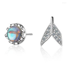 Stud Earrings S925 Silver Earring Asymmetry Fish Tail CZ Flower For Women Gift Lady Girl Fashion Zircon Jewellery