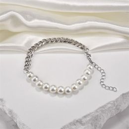 Charm Bracelets Fashion Peal Beads Chain Men Bracelet Imitation Pearl Bead Stainless Steel Cuban For Jewellery Gift