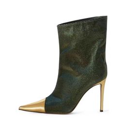 New Style Pointed Toe Color Matching Thin Heel Sexy Short Boots with Gold Suede Patch Sleeve High Versatile Fashion 230822