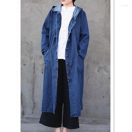 Women's Trench Coats 2023 Denim Long Mid-calf Coat For Women Loose Jeans Outerwear Sleeve Single-breasted Chinese Style Hooded