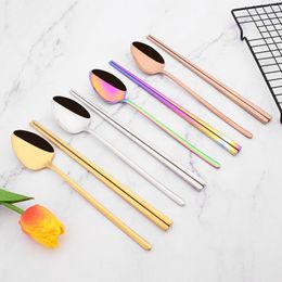 Dinnerware Sets 8Pcs Gold Korean Cutlery Set 18/10 Stainless Steel Flatware Spoons Chopsticks Kitchen Dinner Tableware