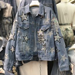 Womens Jackets heavy work shiny fivepointed star embroidery sequins beaded tassel denim jacket female 230821