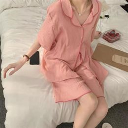 Women's Sleepwear Pyjama Sets Button Pijama Shorts Sleeve Korean Style Loungewear Turn Down Collar Home Suit Night Wears