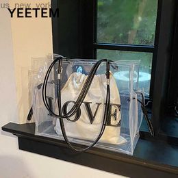 Totes Large Capacity PVC Totes Women's Summer 2023 LOVE Letter Shoulder Transparent Jelly Commuter Tote Canvas Drawstring Bags HKD230822