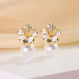 Stud Earrings Jewellery Female Black Flower Gold Colour Wedding For Women Charm Vintage White Pearl Zircon