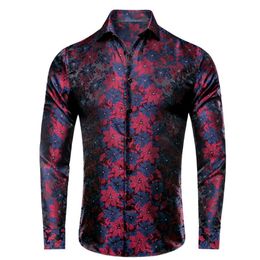 Men's Casual Shirts HiTie Red Blue Silk Mens Lapel Long Sleeve Social Dress Suit Shirt Jacquard Floral Male Blouse Clothing Wedding Business 230822