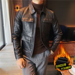 Men's Trench Coats Winter Solid Color Leather Jacket Men Slim Fit Plus Velvet Thickened Motorcycle Bike Casual Streetwear Social Overcoat 230822