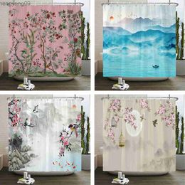 Shower Curtains Flowers Birds Bath Curtain Waterproof Fabric Shower Curtains Floral Leaves Landscape Printing Bathroom Screen Home Decoration R230822