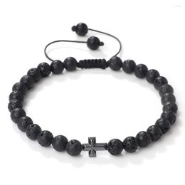Strand 6mm Natural Volcanic Lava Stone Bracelet Trendy Men Hematite Cross Pendant Tiger Eye Beads Braided Bracelets Women Yoga Jewelry