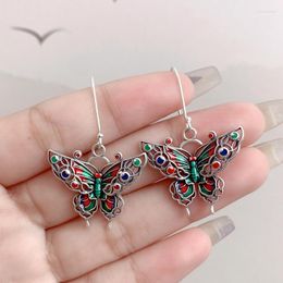 Dangle Earrings 925 Sterling Silver Hollow Double Layer 3D Butterfly Ring For Women Girls Retro Enamel Insect Hanging Hook