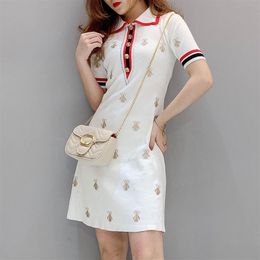 New women's turn down collar knitted short sleeve color block embroidery a-line summer dress plus size SMLXLXXL223d