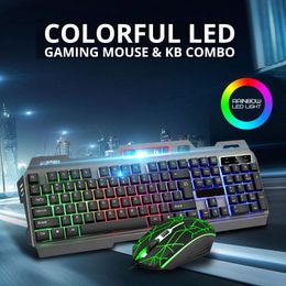 Keyboards Metal Luminous Computer Keyboard And Mouse Suit USB Wired Game Colourful Backlight Mechanical Feel 230821