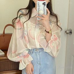 Women's Blouses Korean Chic Lapel Floral Print Stitching Ruffles Blouse Women Slightly See-through Thin Long Bell Sleeve Sun Protection