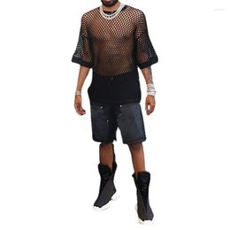 Men's T Shirts 2023 Summer Sexy Transparent Solid Color Round Neck Fishnet Hollow Tops Short-sleeved Fashion Casual Personality T-shirt