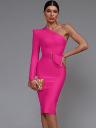 Basic Casual Dresses Pink Bandage Dress Women Elegant Party Bodycon Belt Wist Sexy One Shoulder Evening Birthday Club Outfits Summer 230821