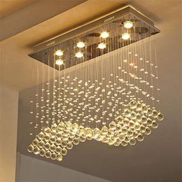 Contemporary Crystal Rectangle Chandelier Lighting Rain Drop Crystals Ceiling Light Fixture Wave Design Flush Mount For Dining Roo216N