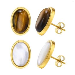 Hoop Earrings Ladies Stainless Steel Shell / Tiger Eye Stone Women's Natural Jewel Studs Luxury Jewellery 12 17