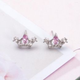 Stud Earrings Korean Fashion Crown Pink Zircon For Women Personality Temperament Cute Trending Products Party Gift Girls Jewellery