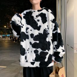 Men's Hoodies Sweatshirts Men Cow-print O-neck No Hat Autumn Fashion Loose Trendy All-match Harajuku Design Unisex Warm Cute Quality Clothes