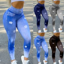 Women's Leggings Fashion High Waist Faux Denim Jean Leggings Slim Elastic Seamless Skinny Pencil Pant Female Workout Running Leggings Dropship 230821