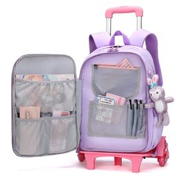 School Bags Cute Girls Wheel School Bags Children Primary School Trolley Backpack Satchel Kids Book Bag Princess Schoolbag Mochila Infantil 230822