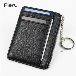 Slim Card Holder with Key Ring Coin Pocket Men's Credit Card Holders for Car Key Genuine Leather Zipper Card Wallet260W