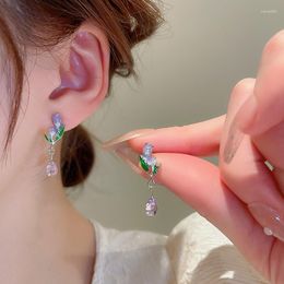 Dangle Earrings Minar Trendy Purple Colour Enamel Tulip Flower Drop For Women Shiny Crystal Long Tassel Earring Every Day Jewellery