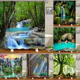 Shower Curtains 3d Printing Green Forest Waterfall Shower Curtains Waterproof Bathroom Curtain With Bath Curtain 180*200 Fabric R230829